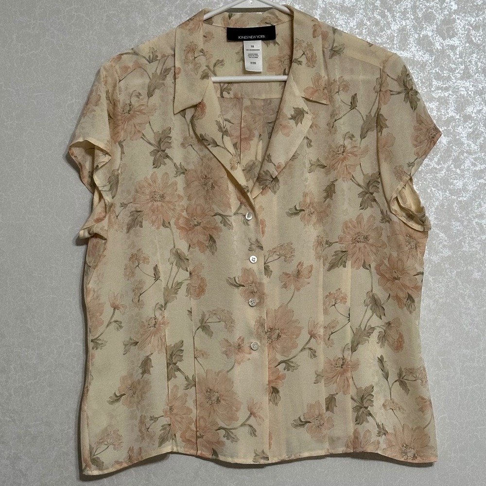Jones NY Floral Silk Short Sleeve Blouse Jacquard Cream Peach Cottagecore Sz 16
